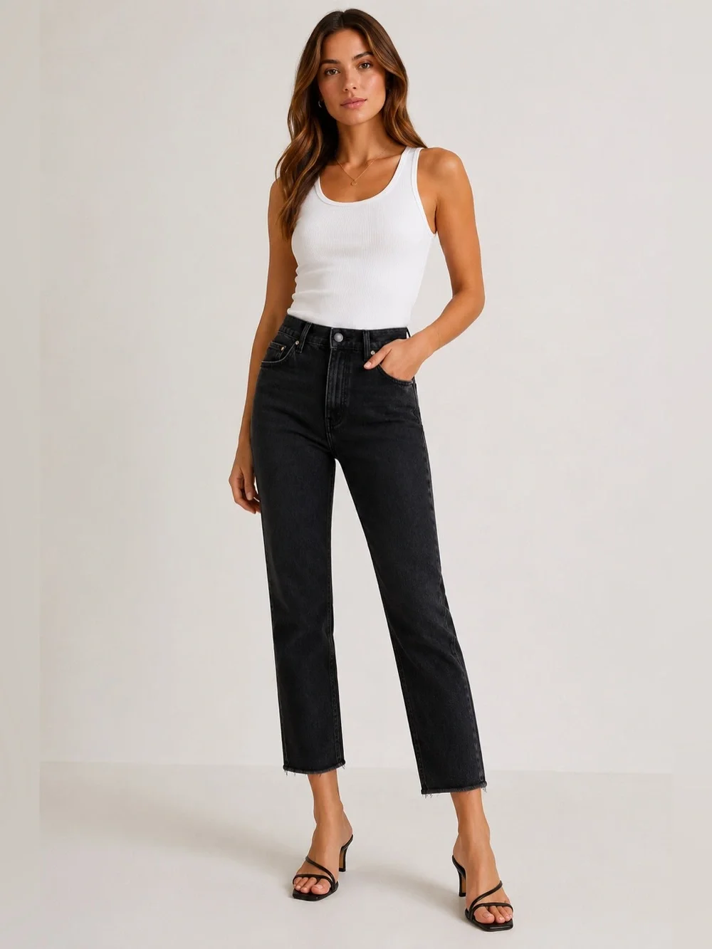 AGOLDE Riley Black High Rise Straight Crop Distressed Button Fly Jeans Size 24 - Picture 1 of 9